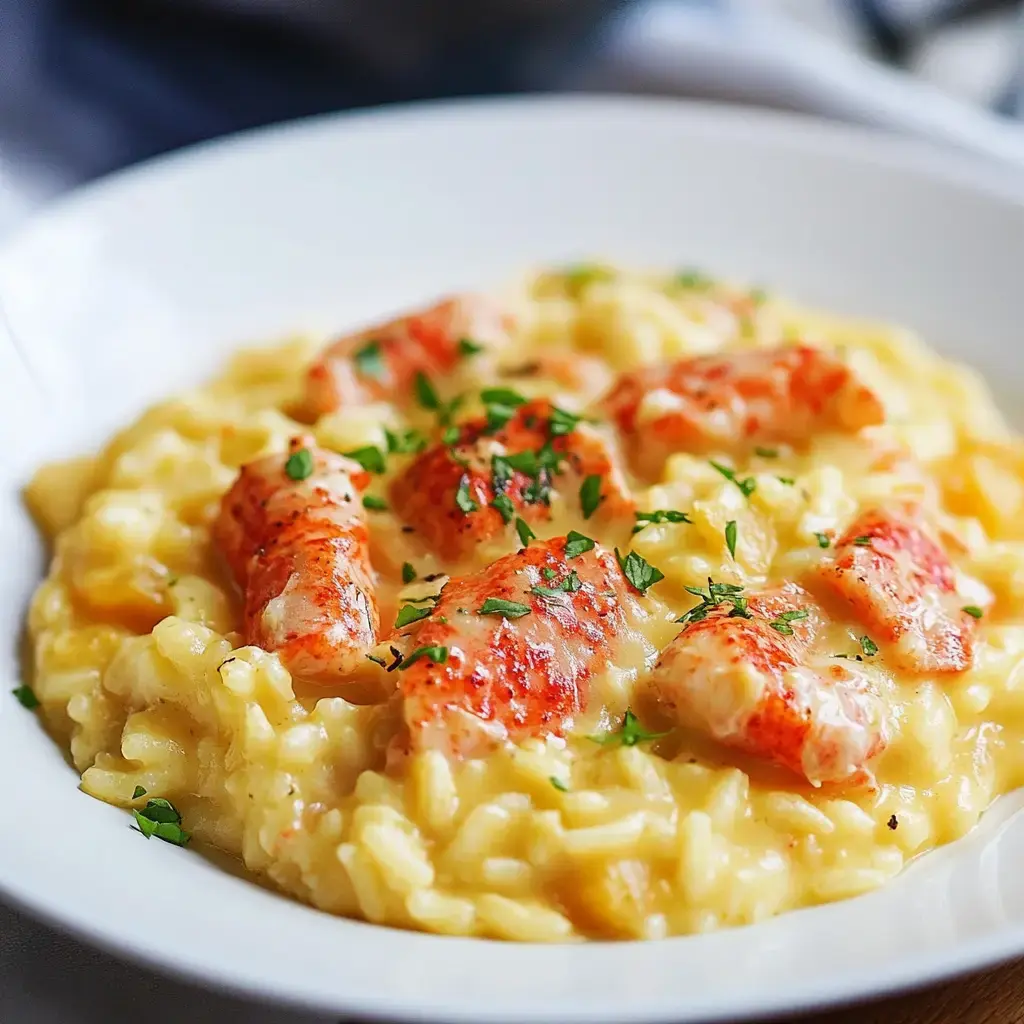 A bowl of creamy risotto topped with pieces of lobster and garnished with chopped parsley.