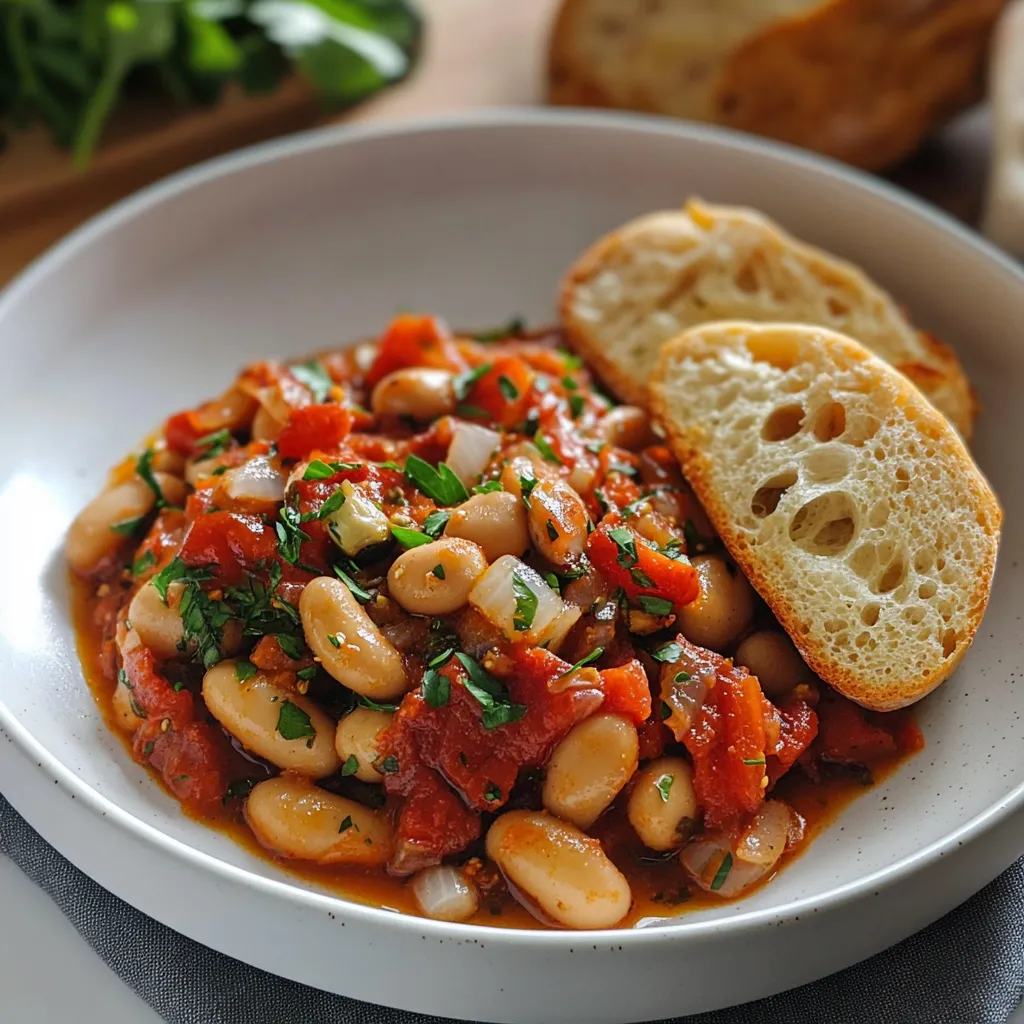 Close-up Puttanesca-Style Butter Beans & Roasted Garlic Bread