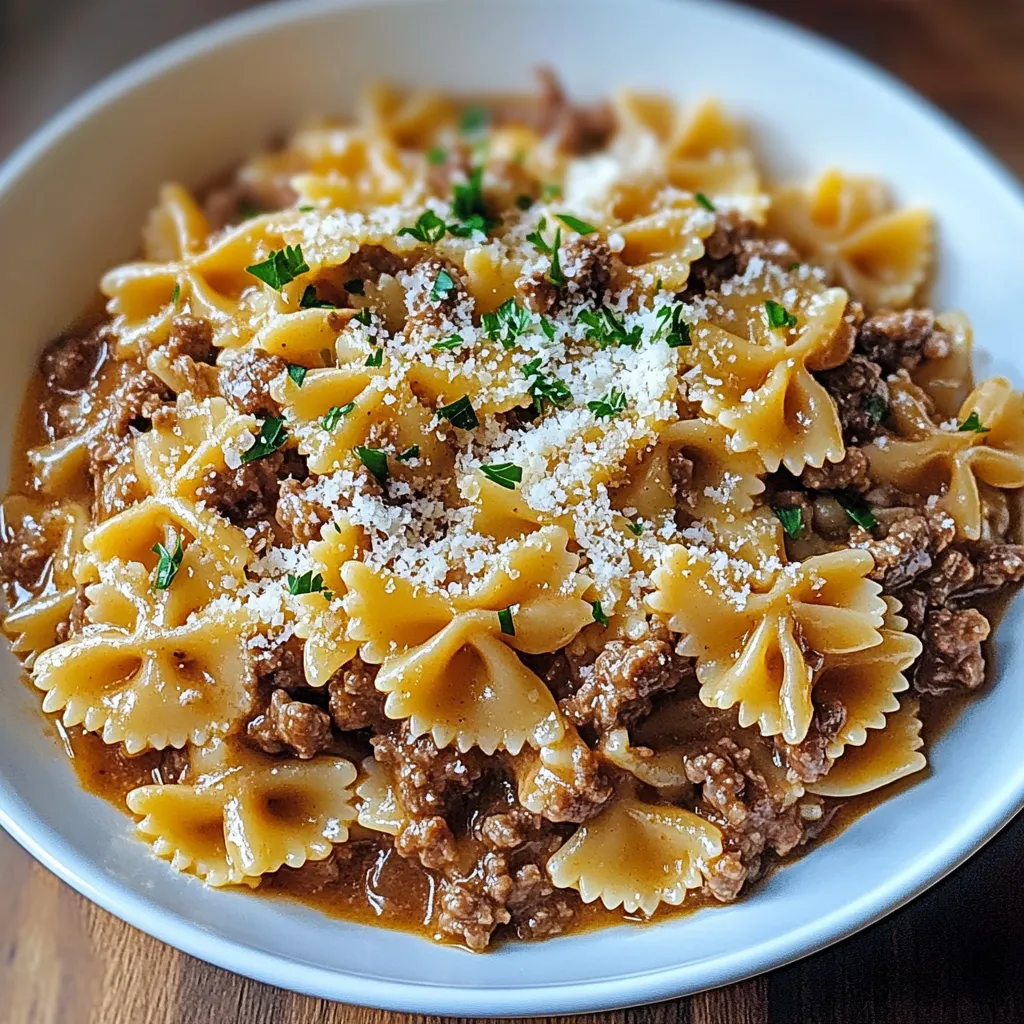 Cheesy Beef and Bowtie Pasta in Garlic Butter