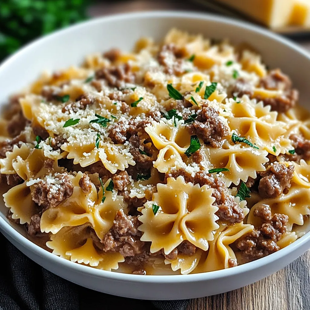 flavorful Cheesy Beef and Bowtie Pasta in Garlic Butter