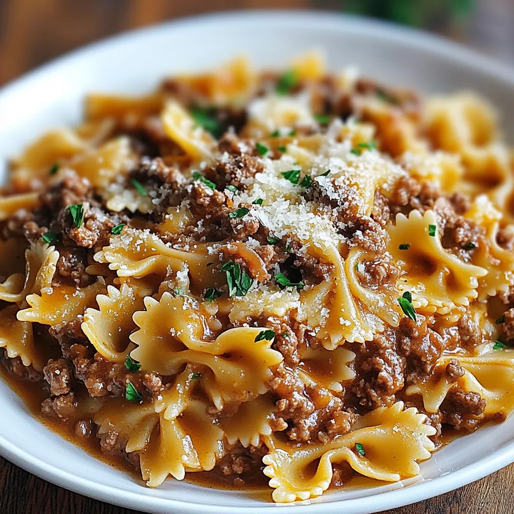 Close-up Cheesy Beef and Bowtie Pasta in Garlic Butter Recipe