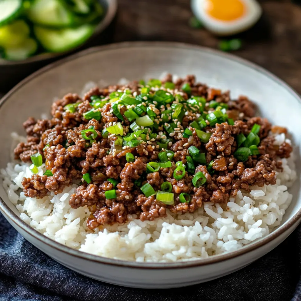 Close-up Korean Ground Beef Bowl Recipe