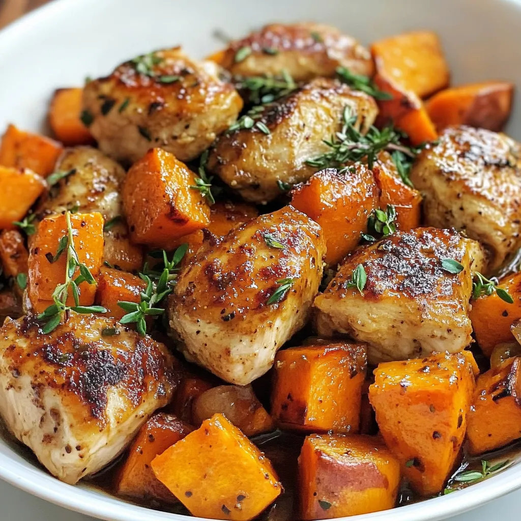 Close-up One-Pan Chicken and Sweet Potato Skillet Recipe