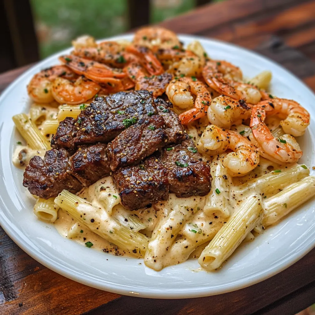 Close-up Steak and Shrimp Alfredo Recipe