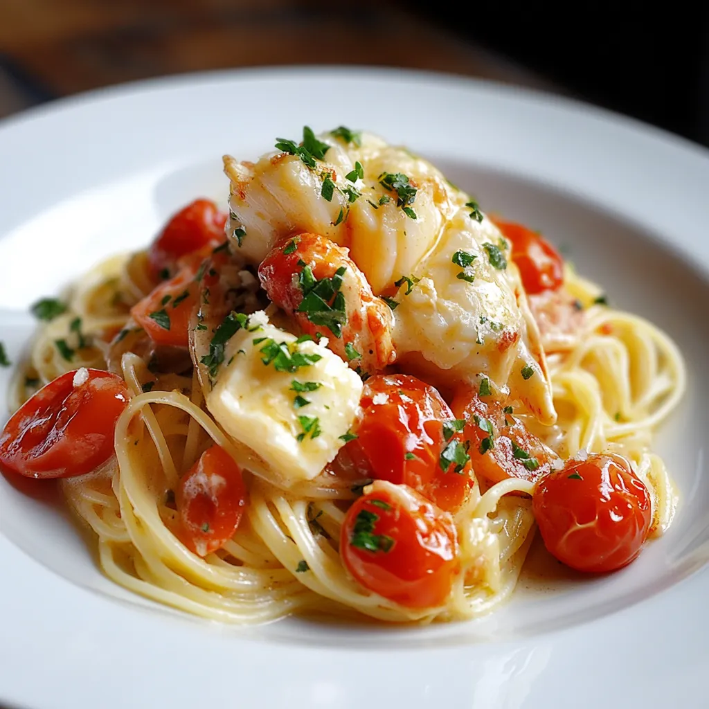 Close-up Buttered Lobster Pasta with Cherry Tomatoes Recipe