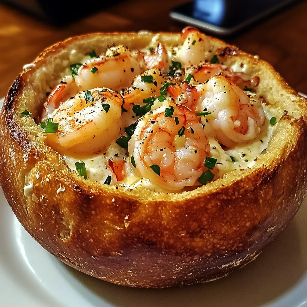 Close-up Stuffed Seafood Bread Bowl Recipe