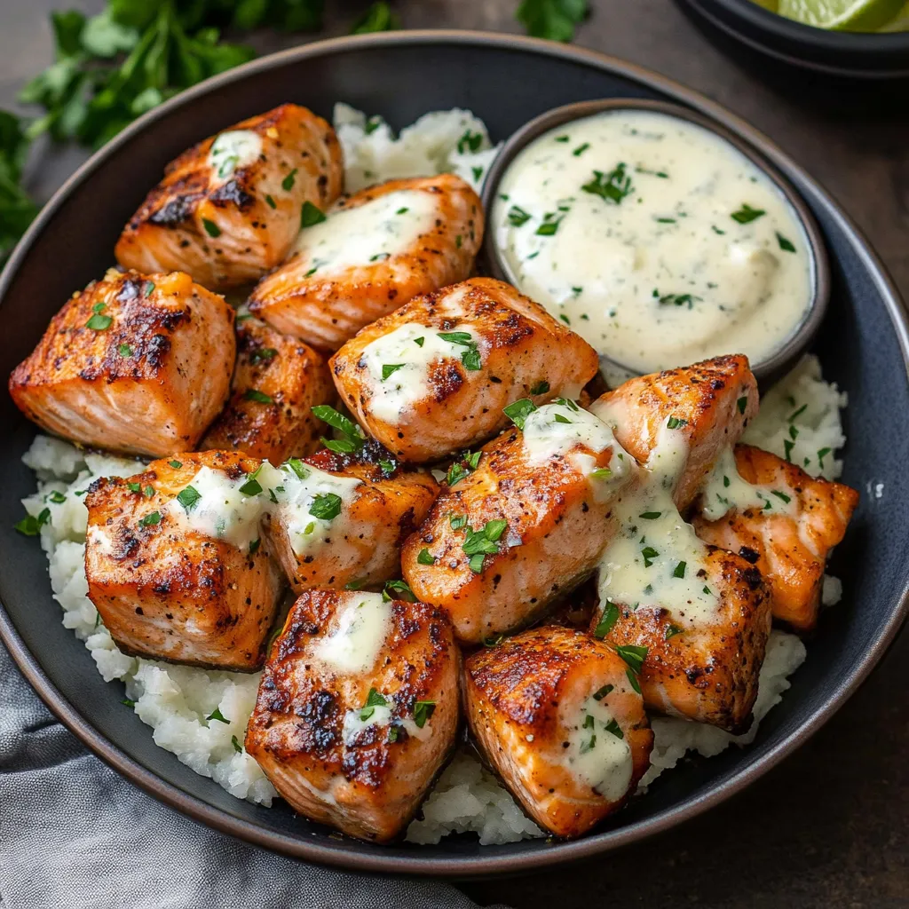 Air Fryer Salmon Bites with Garlic Cream Sauce