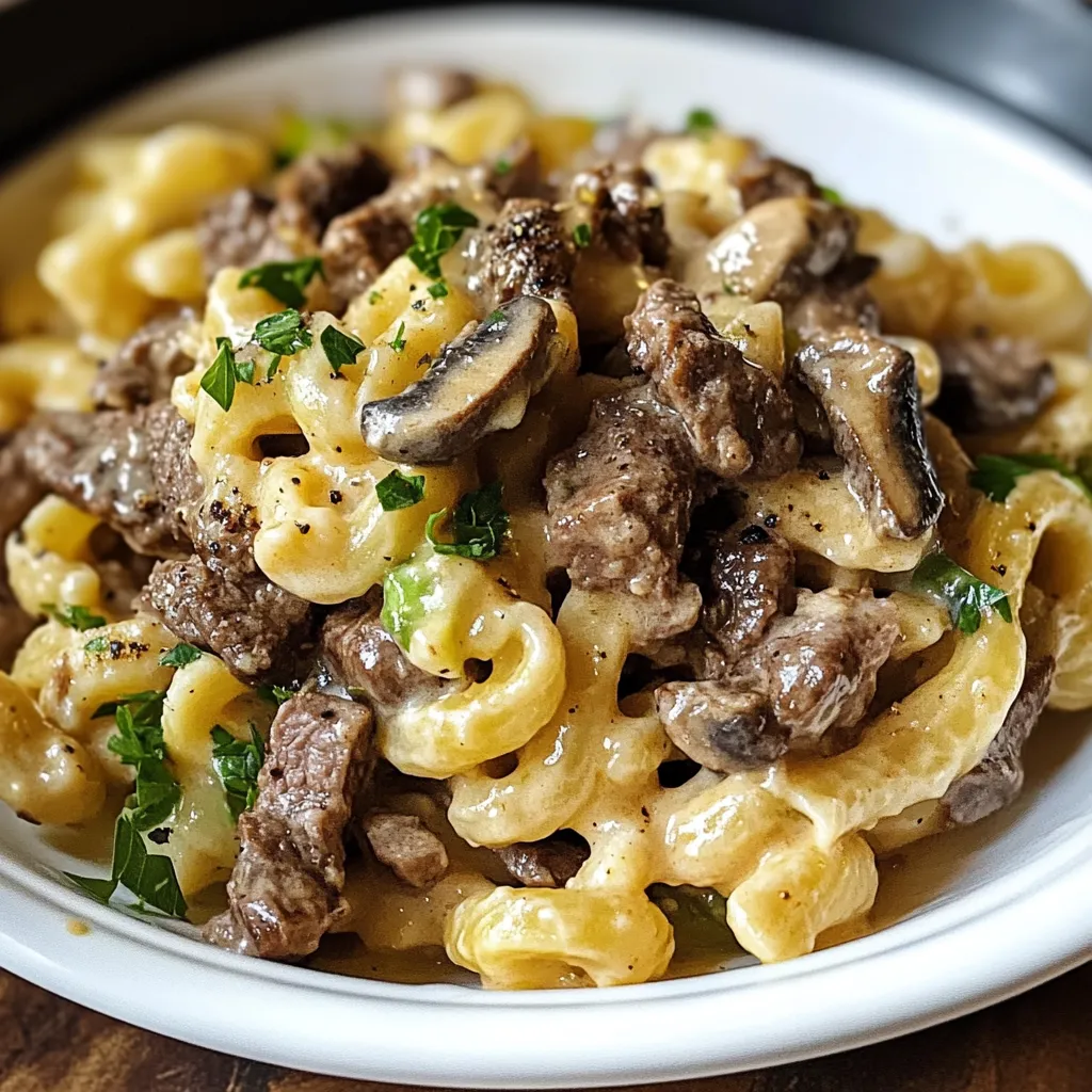 Close-up Philly Cheesesteak Pasta Recipe