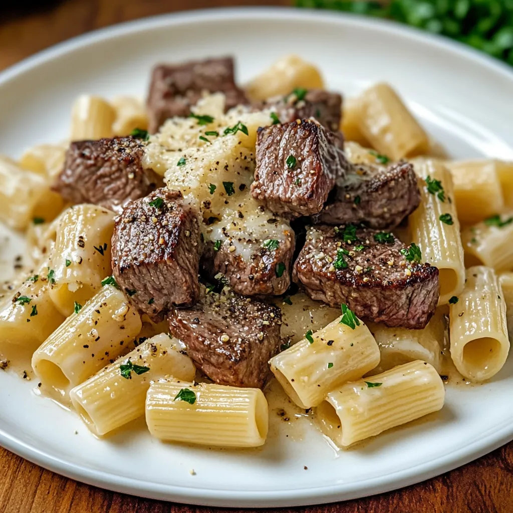 Garlic Butter Steak with Creamy Parmesan Rigatoni