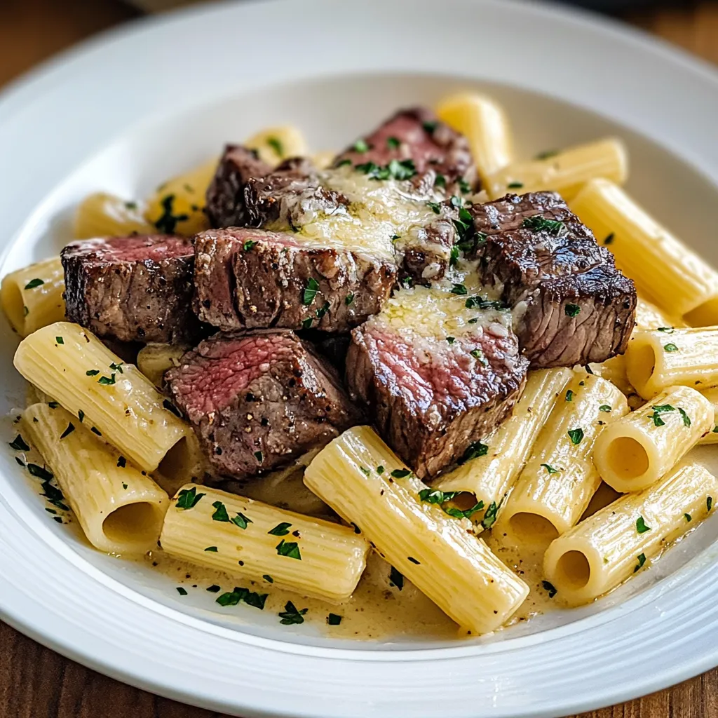 Delicious Garlic Butter Steak with Creamy Parmesan Rigatoni