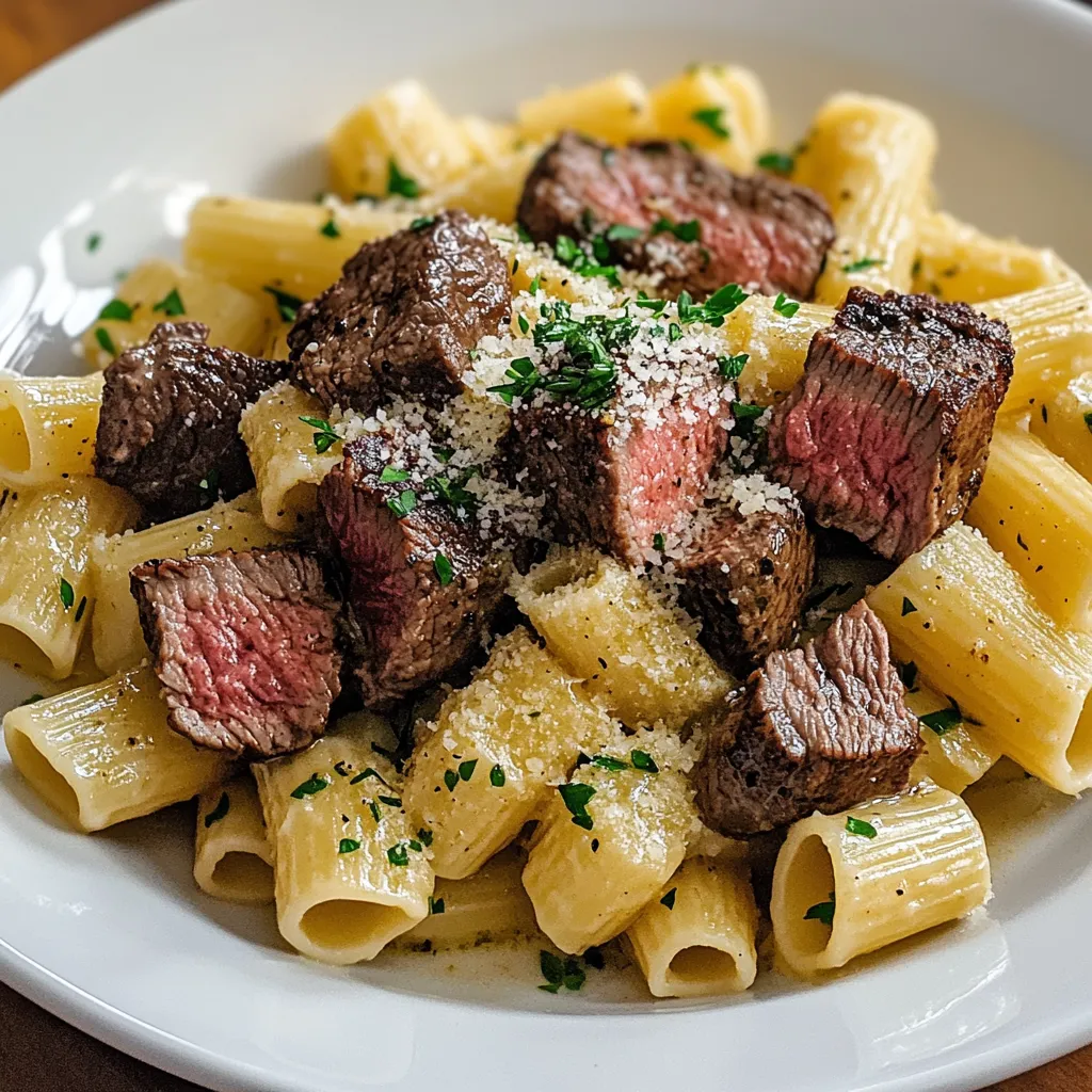 Close- up Garlic Butter Steak with Creamy Parmesan Rigatoni Recipe