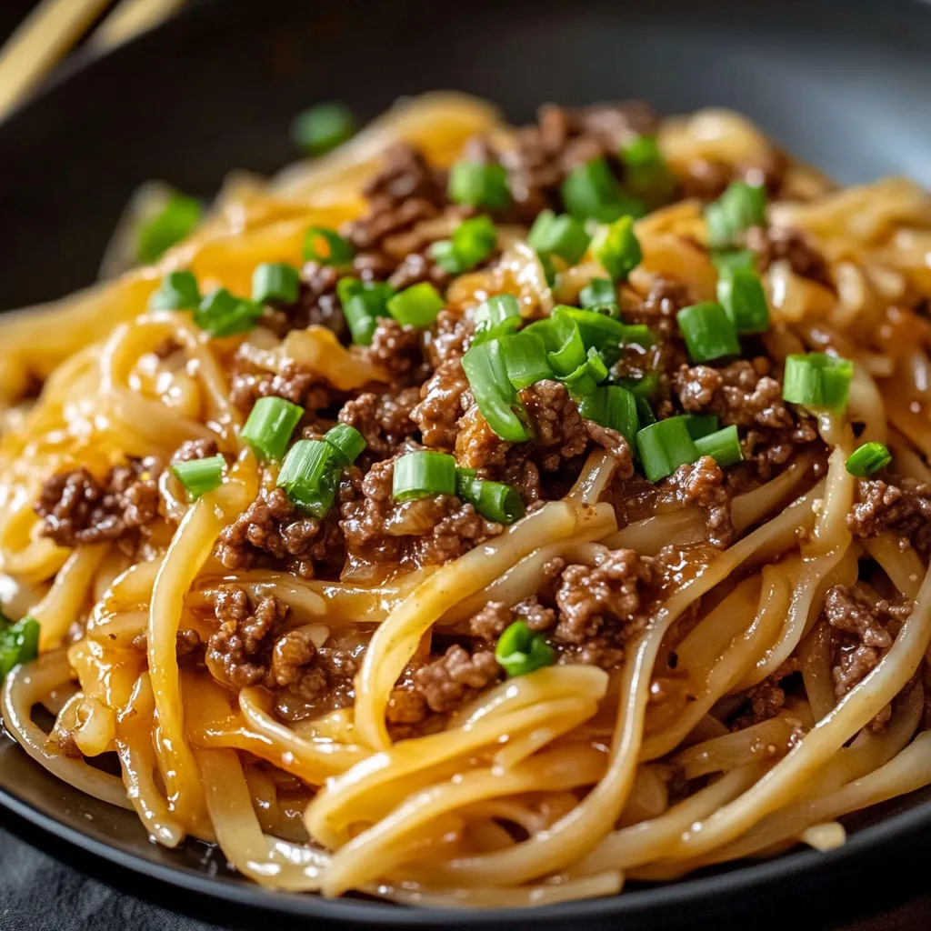 Close-up Mongolian Ground Beef Noodles Recipe