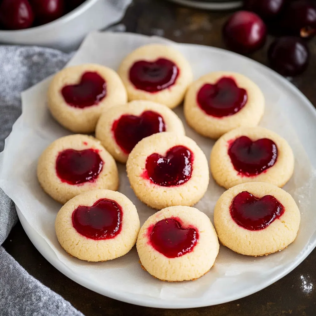 Close-up Cherry Thumbprint Cookies (Heart Cookies) Recipe