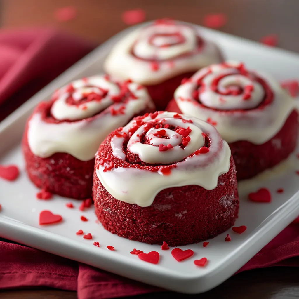 Close-up Red Velvet Valentine’s Day Cinnamon Rolls Recipe