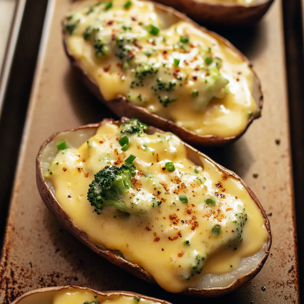 Close-up Cheesy Baked Potatoes with Broccoli Cheese Sauce Recipe