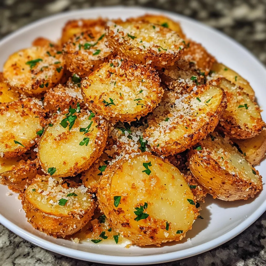 Close-up Crispy Garlic Parmesan Crusted Potatoes Recipe