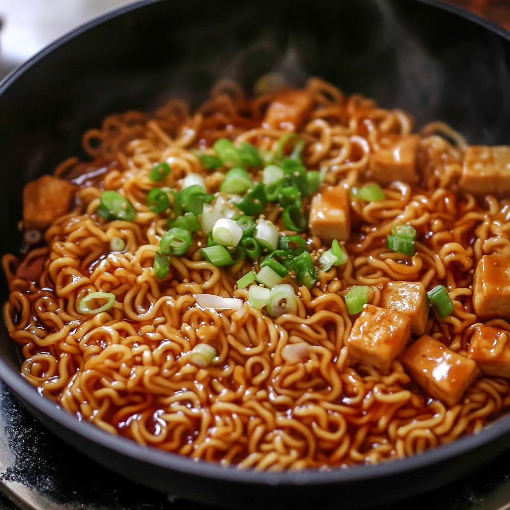 Close-up Saucy Ramen Noodles Recipe