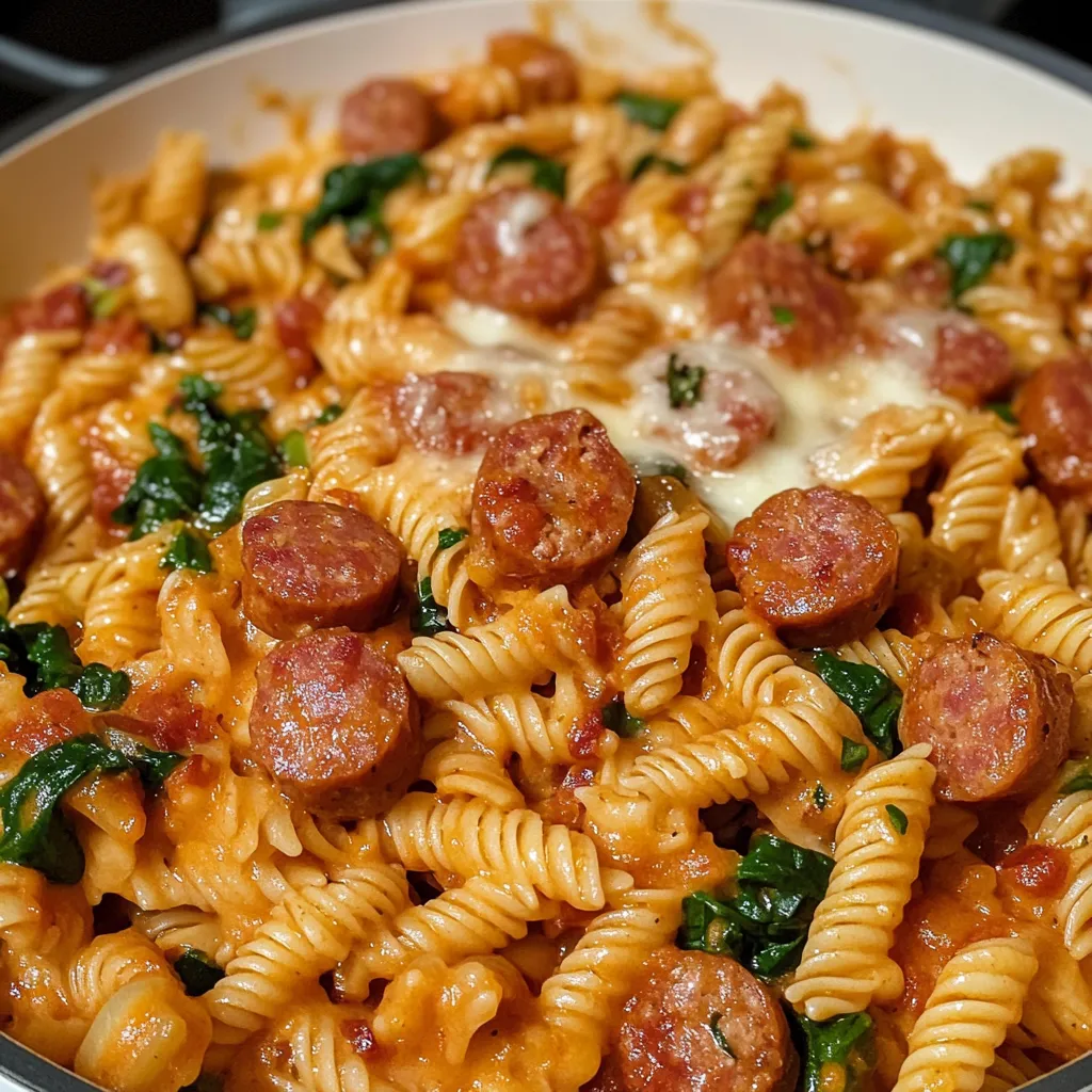 Close-up One Pot Cheesy Sausage Pasta Recipe