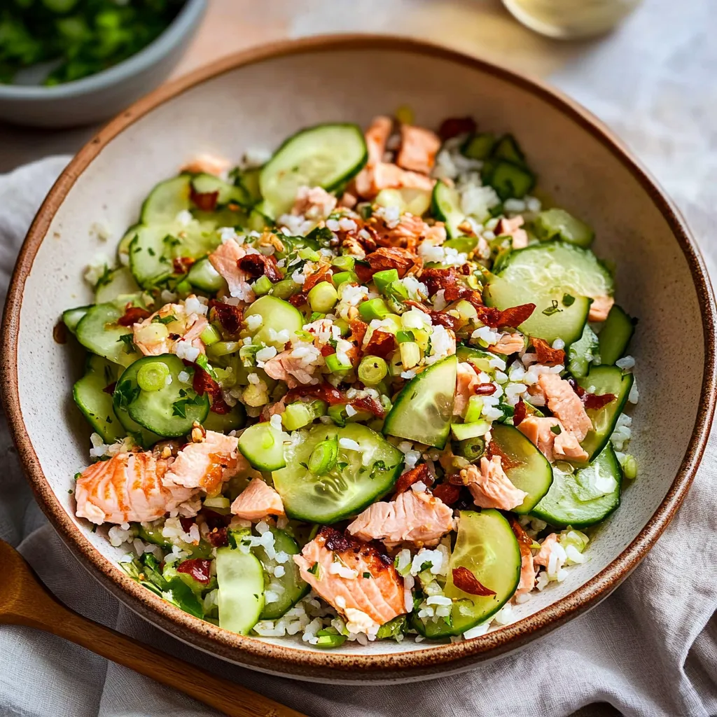 Rice Salmon Cucumber Salad with Creamy Asian Dressing