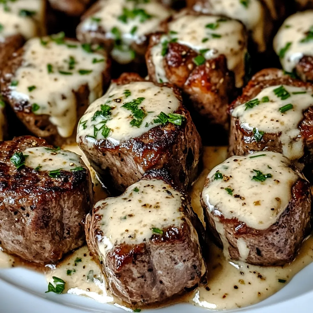 Close-up Garlic Butter Steak Bites with a Rich Parmesan Cream Sauce Recipe