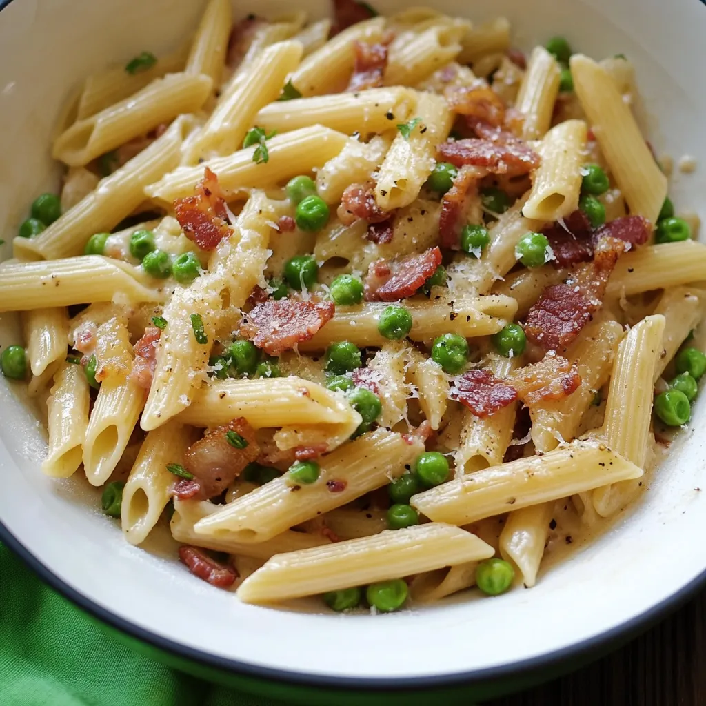 Close-up Penne Pasta, Peas and Bacon Recipe