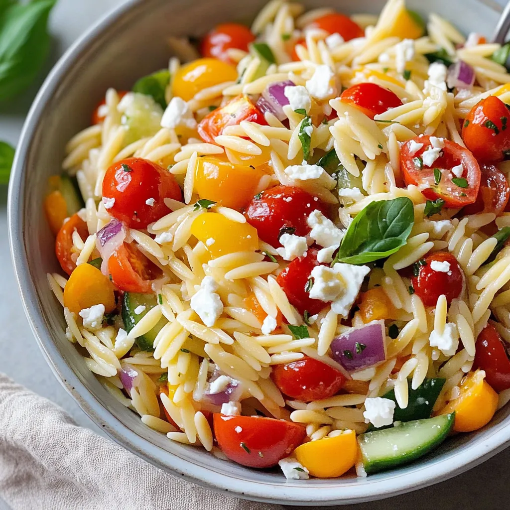 Close-up Rainbow Orzo Salad Recipe