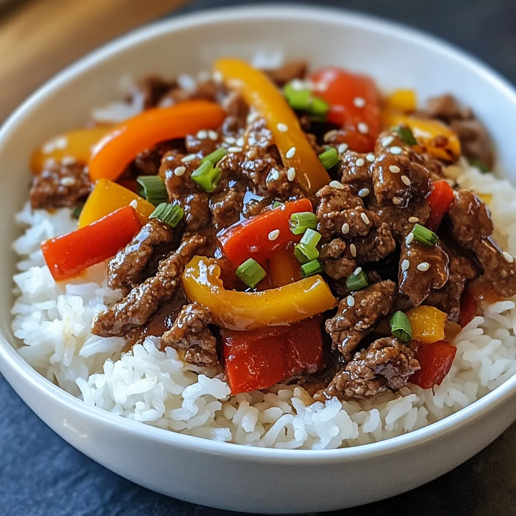 Close-up Beef and Pepper Rice Bowl Recipe