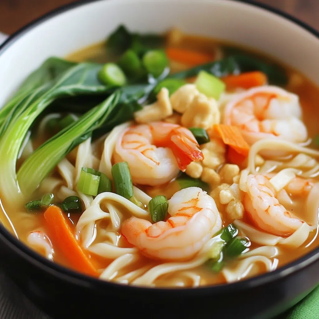 Close-up Chinese Rice Noodle Soup with Shrimp Recipe