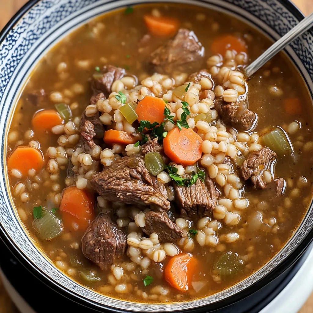 Close-up Old Fashioned Beef Barley Stew Recipe