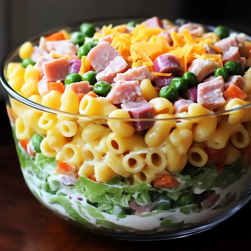 Close-up Layered Pasta Salad Recipe