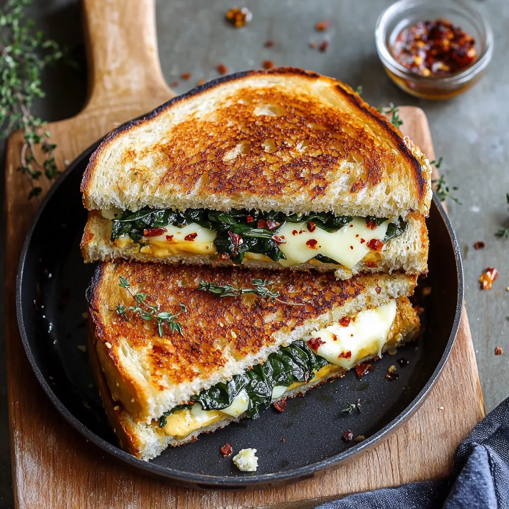 A sandwich with greens and cheese is sitting in a pan.