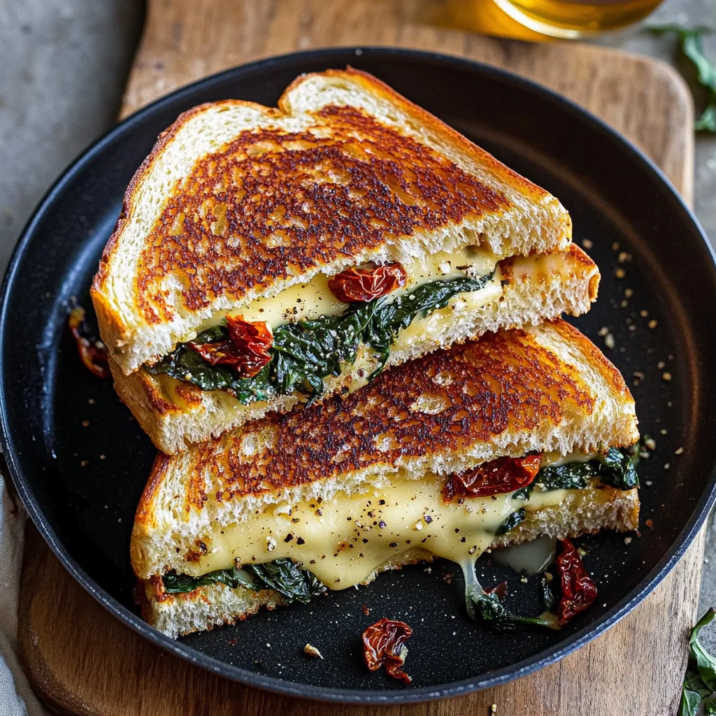 Two pieces of grilled cheese sandwich with tomatoes and spinach.