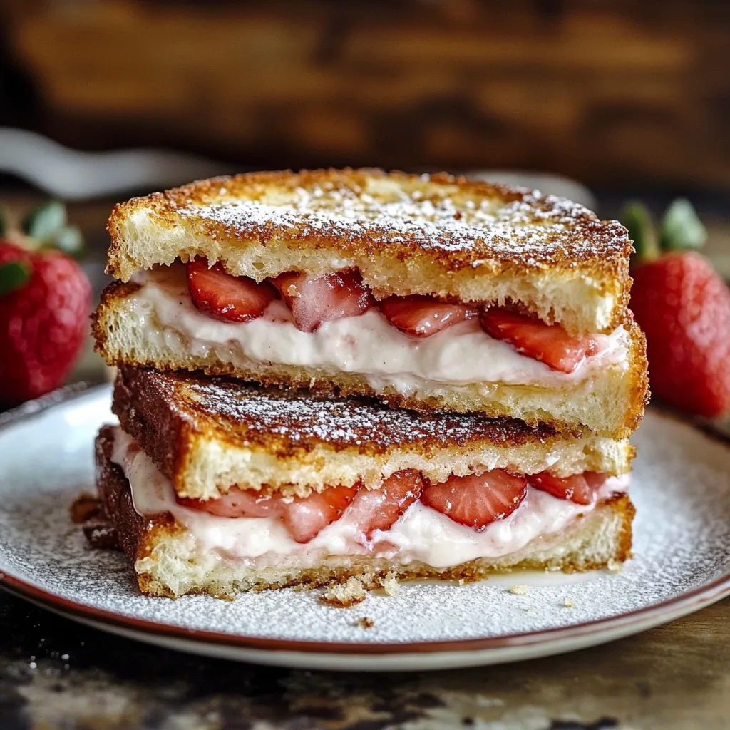 A plate of sandwiches with strawberries on top.