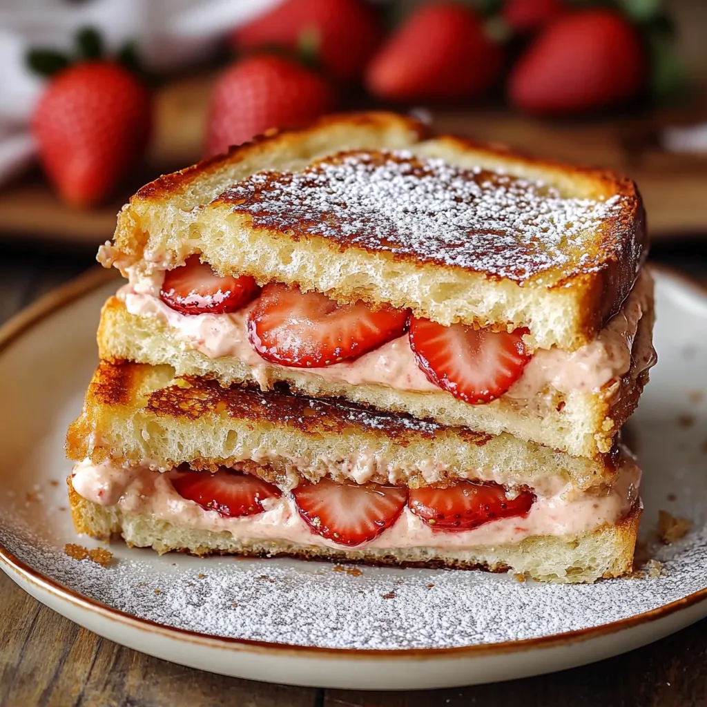 A delicious sandwich with strawberries and whipped cream on a plate.