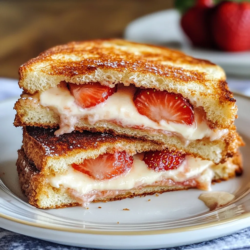 A sandwich with strawberries and cream on a plate.