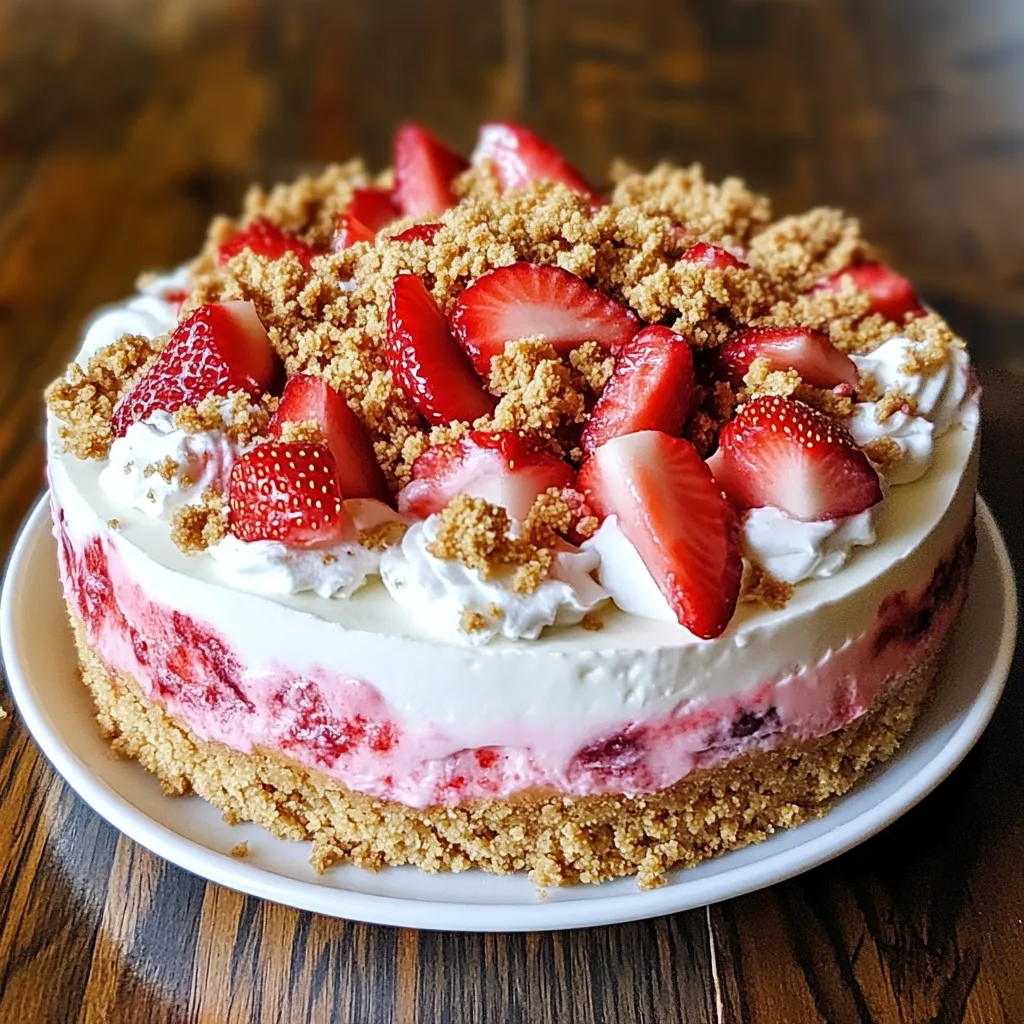 A delicious dessert with strawberries and whipped cream on a wooden table.