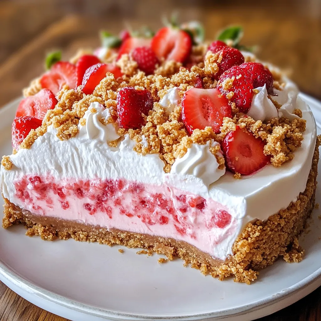 A delicious cake with strawberries and whipped cream on a white plate.