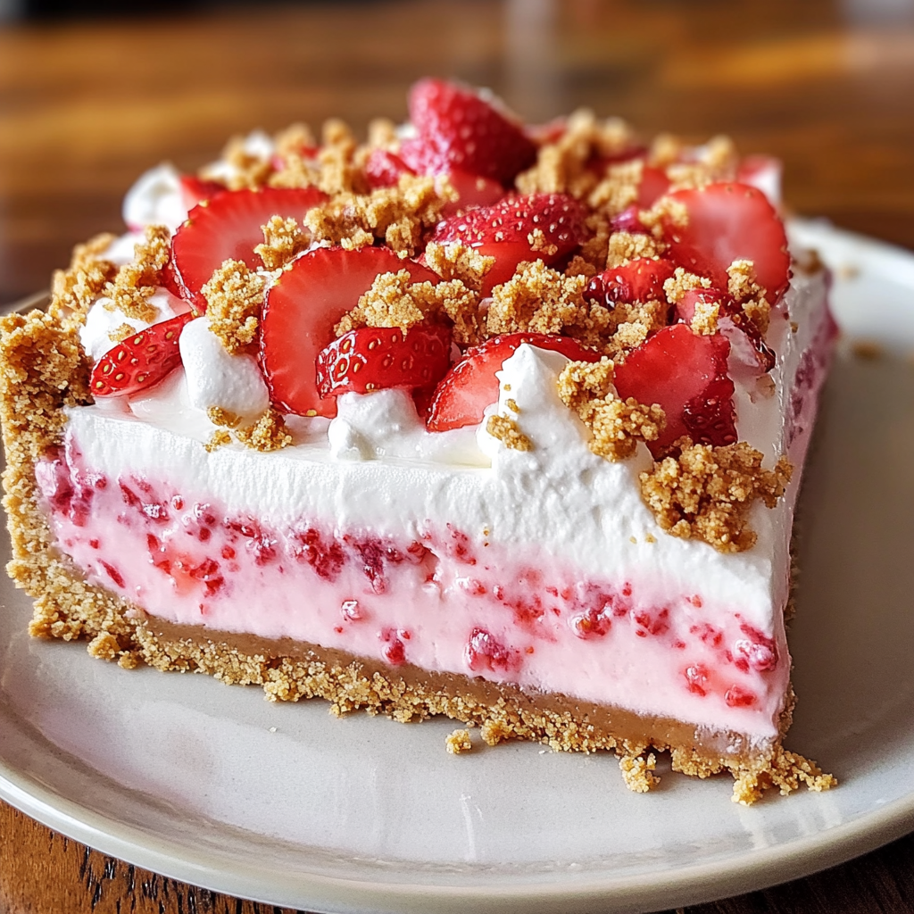 A slice of strawberry cheesecake on a plate.