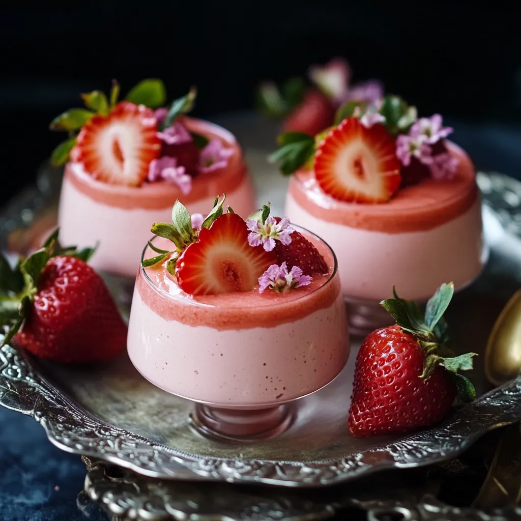 A plate with two desserts, one with strawberries and the other with raspberries, is placed on a table.