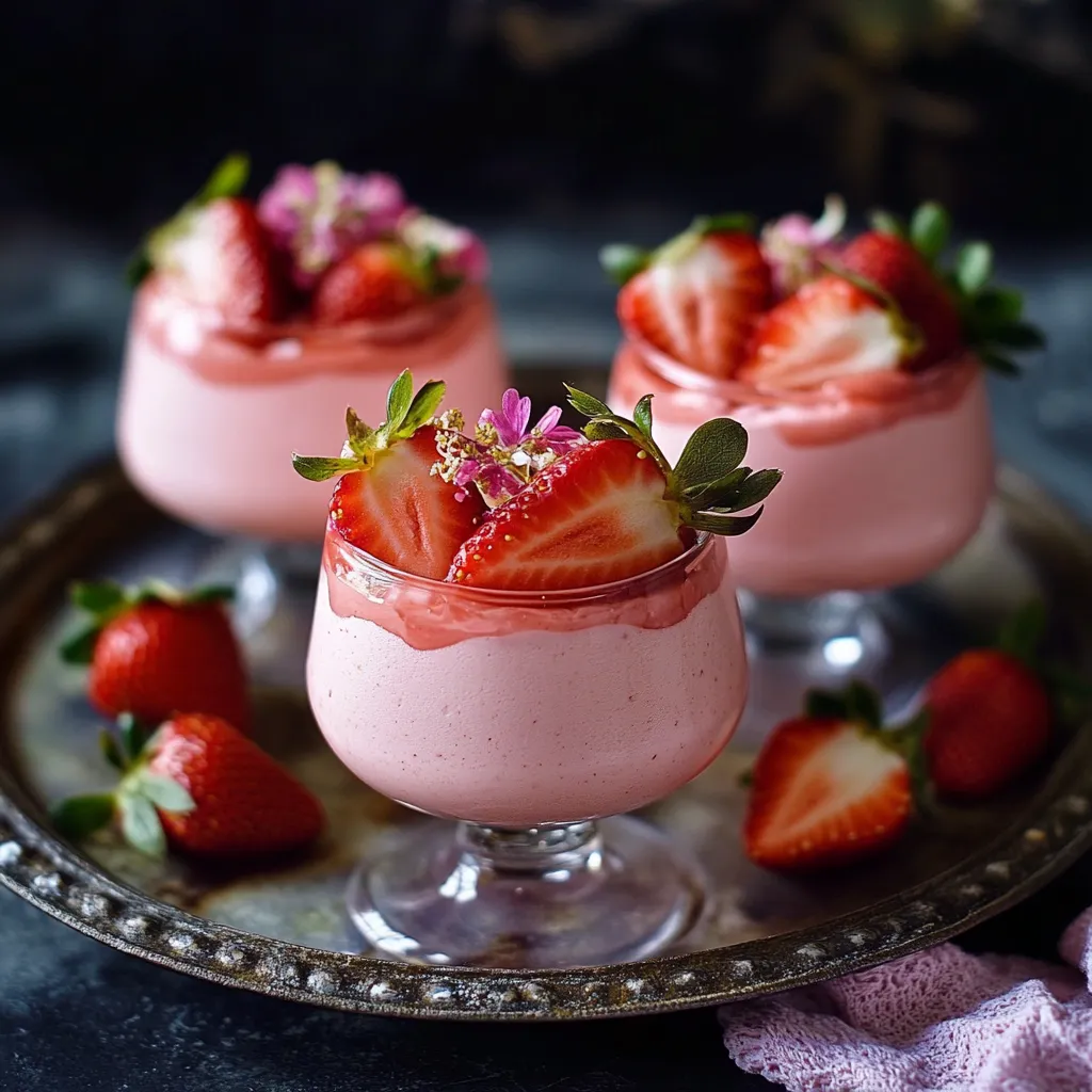 Three glasses of strawberry shortcake with strawberries on top.