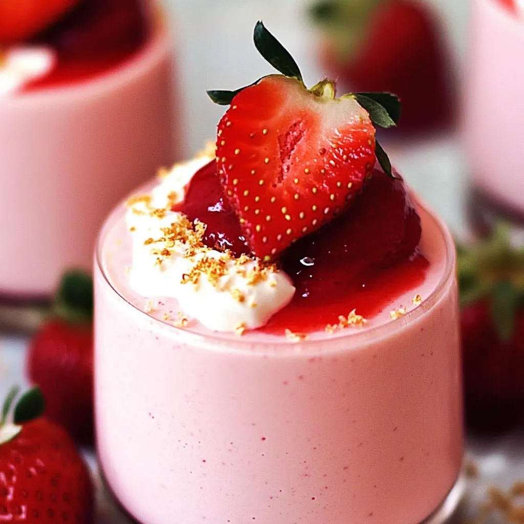 A pink dessert with strawberries and whipped cream on top.