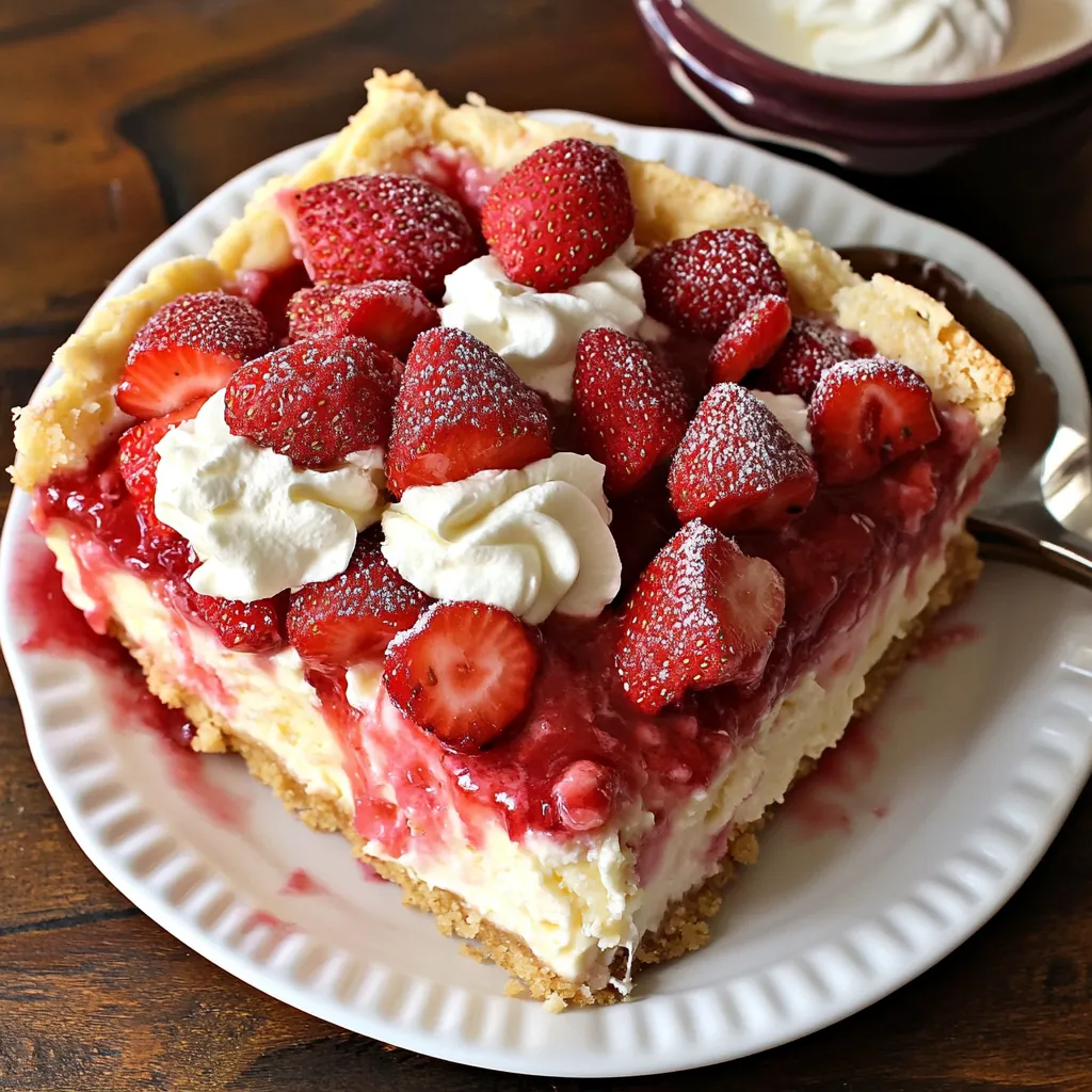 A slice of strawberry cheesecake with whipped cream on a white plate.