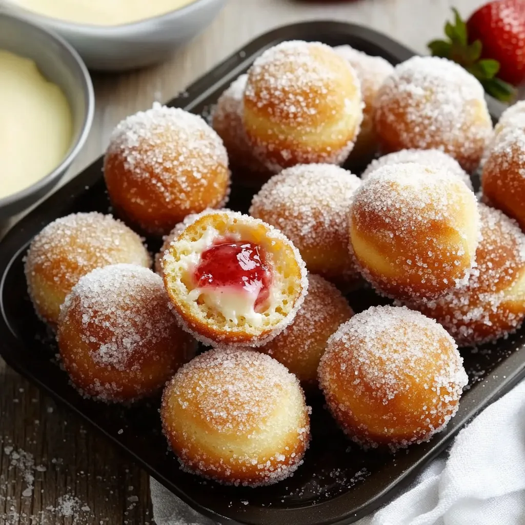 A plate of powdered doughnuts with jelly in the middle.