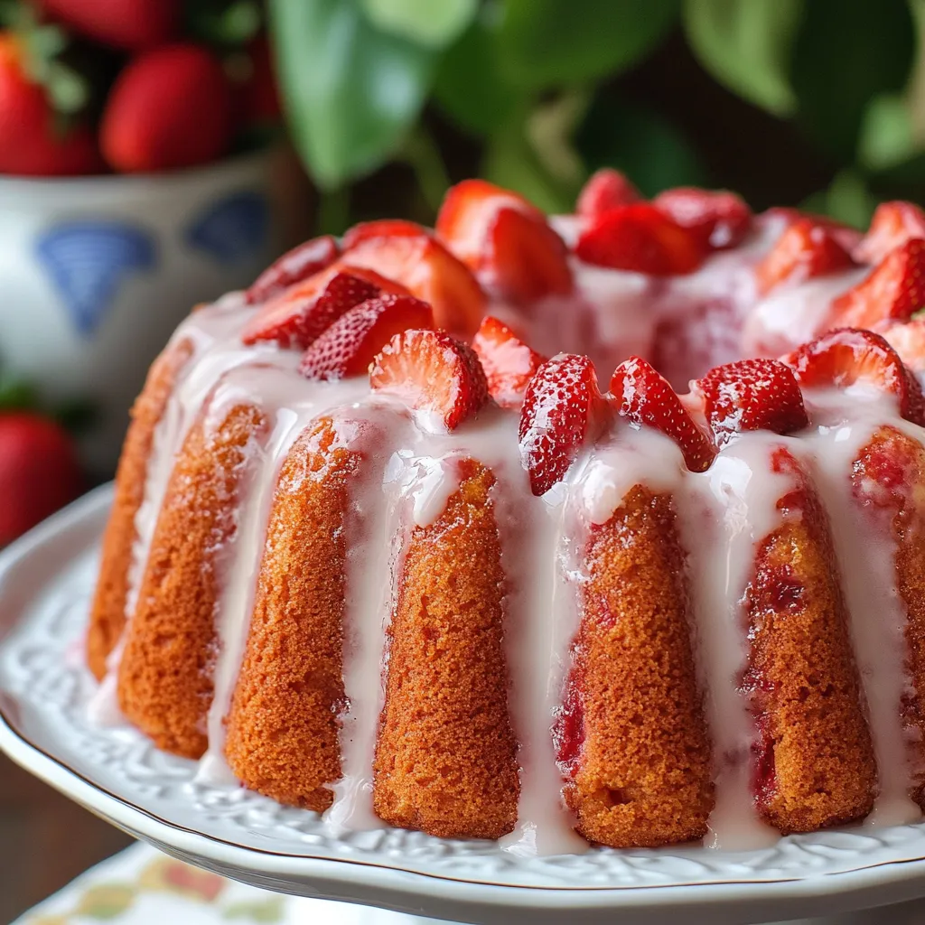 A cake with strawberries on top is displayed on a plate.