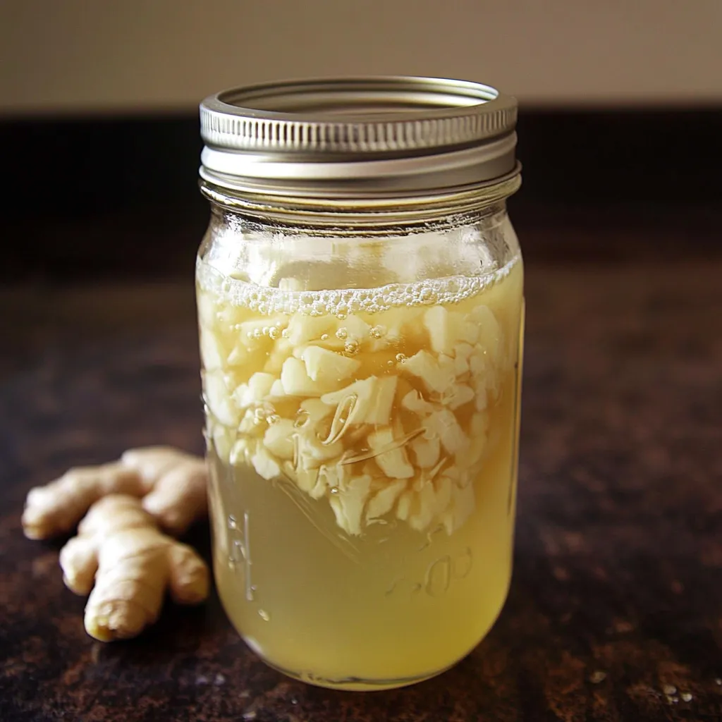 A jar of ginger is filled with ginger root and water.