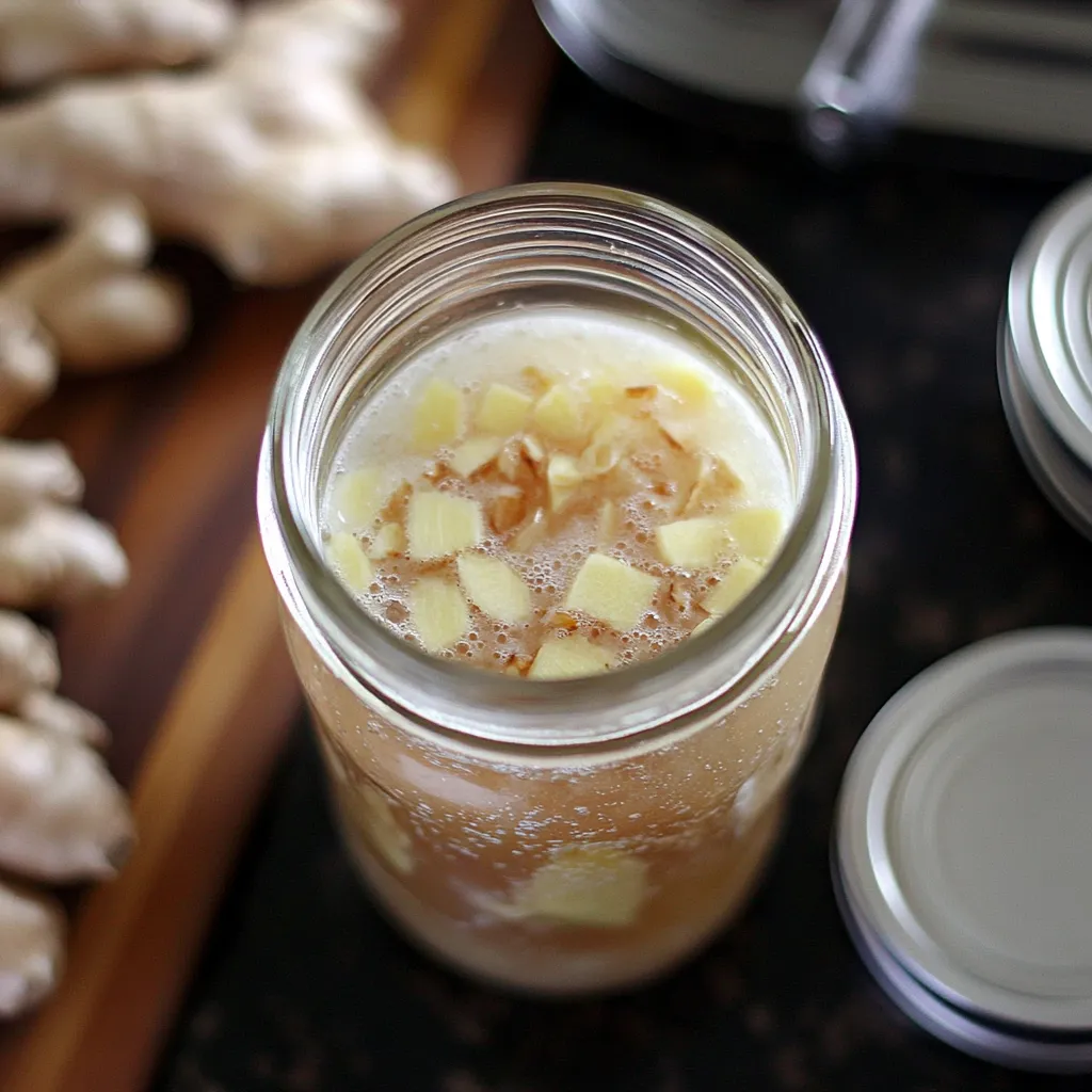 A glass jar filled with a drink and a ginger root on the side.