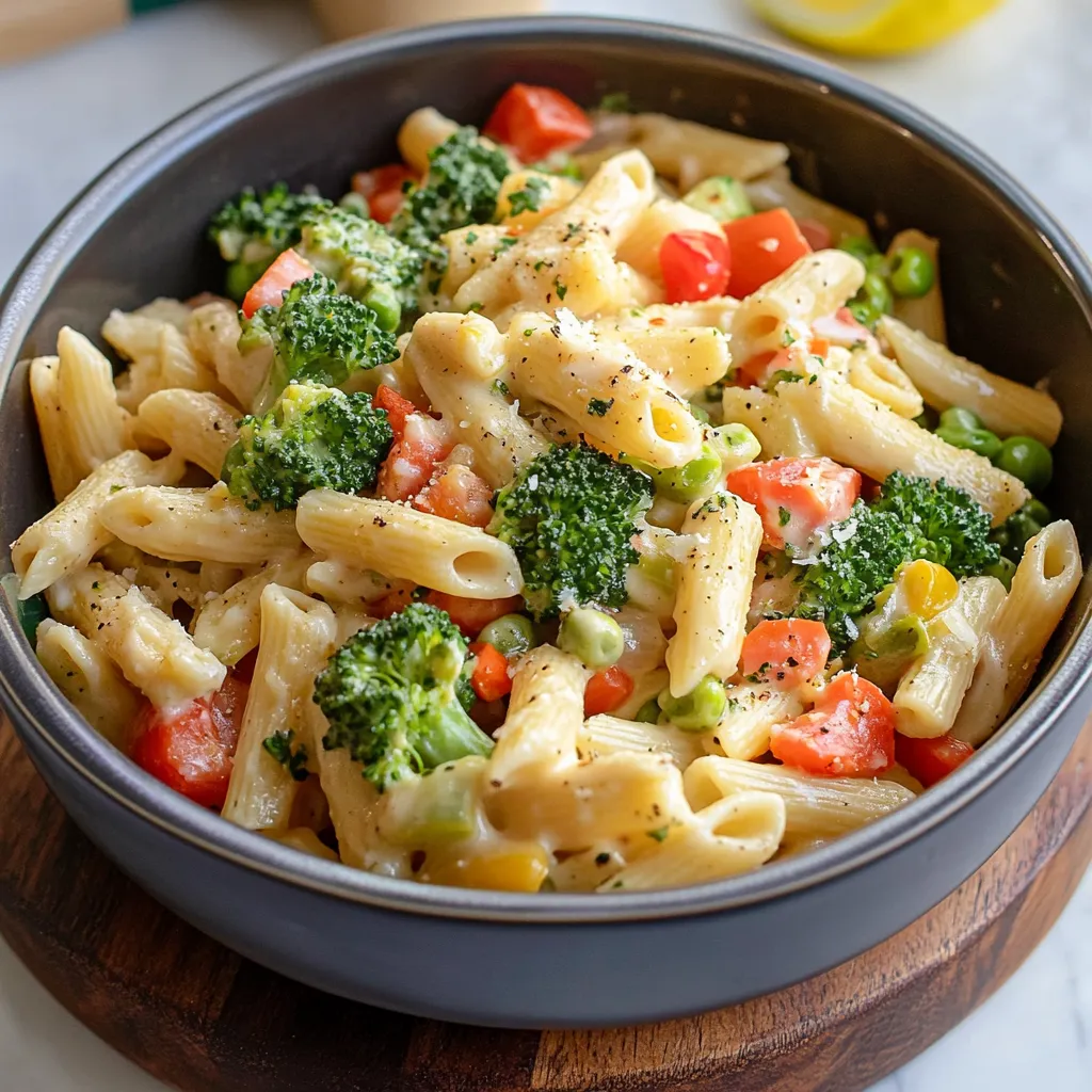 A bowl of pasta with broccoli and tomatoes.