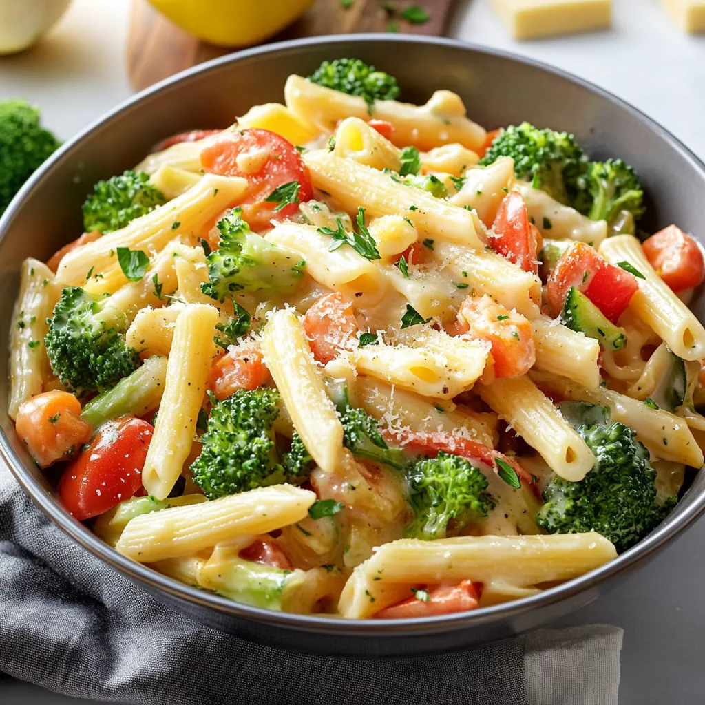 A bowl of pasta with tomatoes and broccoli.