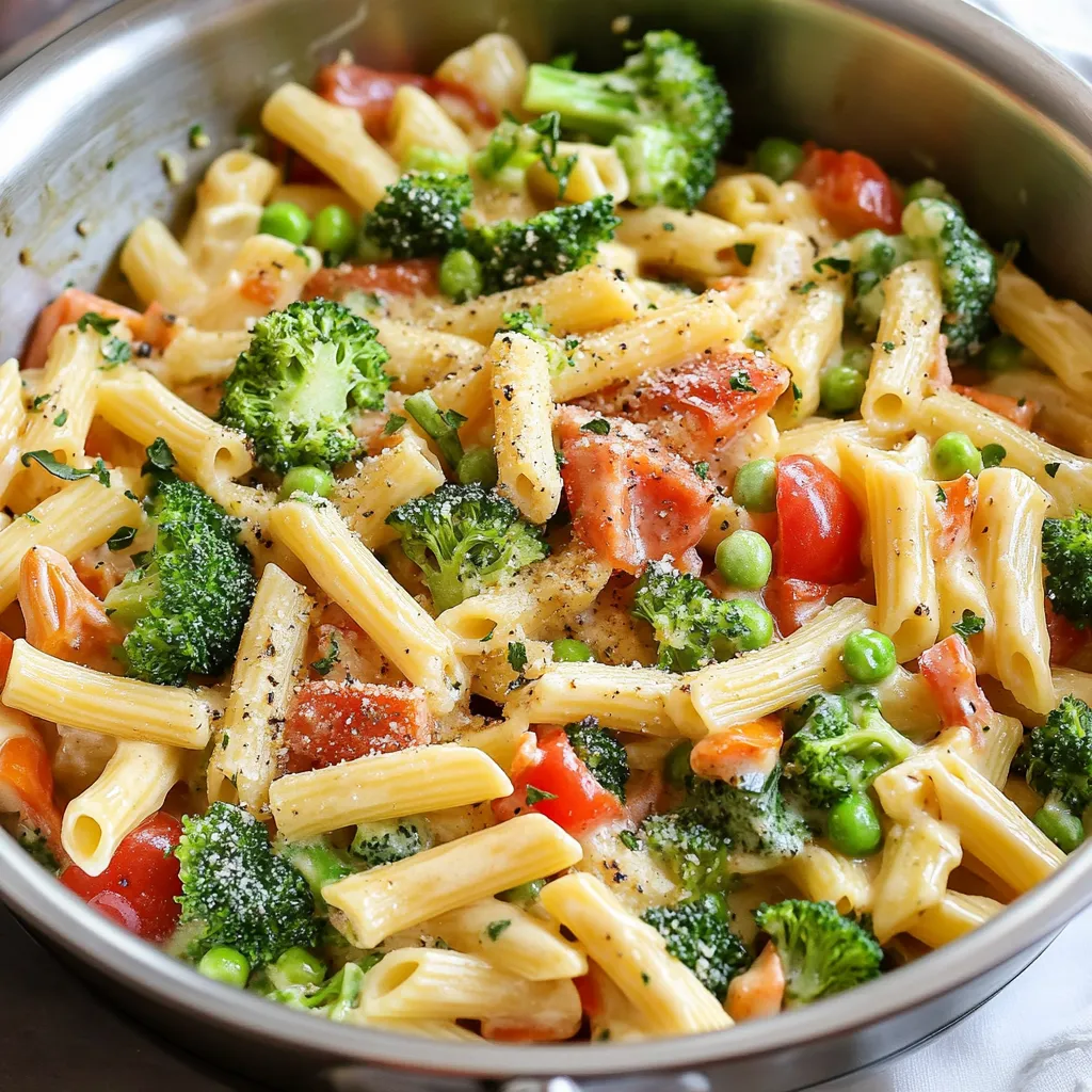 A bowl of pasta with tomatoes, broccoli, and peas.