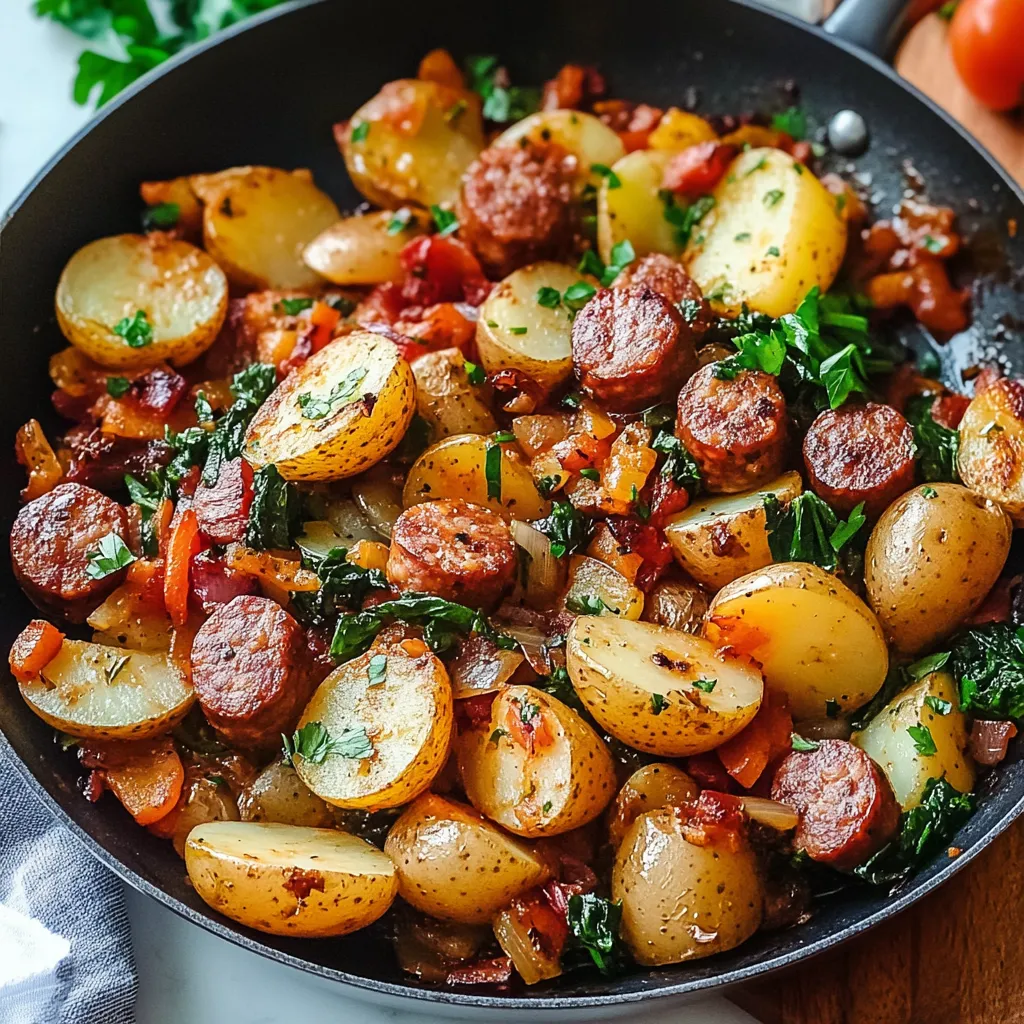 A delicious sausage and potato dish is cooked in a pan, ready to be served.